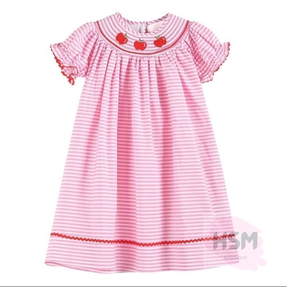 ❤️‍🔥Smocked Striped Apple Bishop Embroidery Red Dress 1522